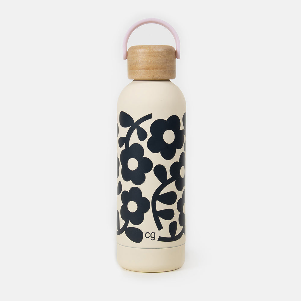 black and white monochrome floral print metal water bottle with handle