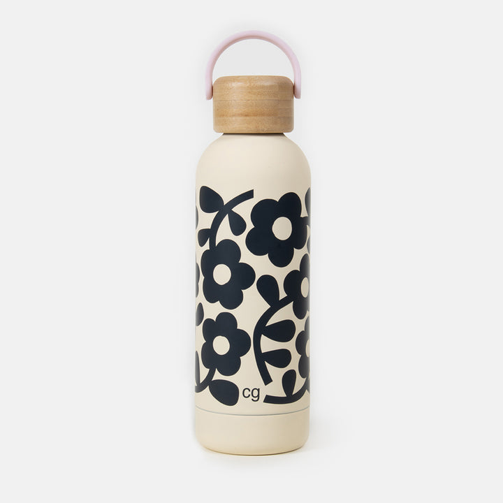 black and white monochrome floral print metal water bottle with handle