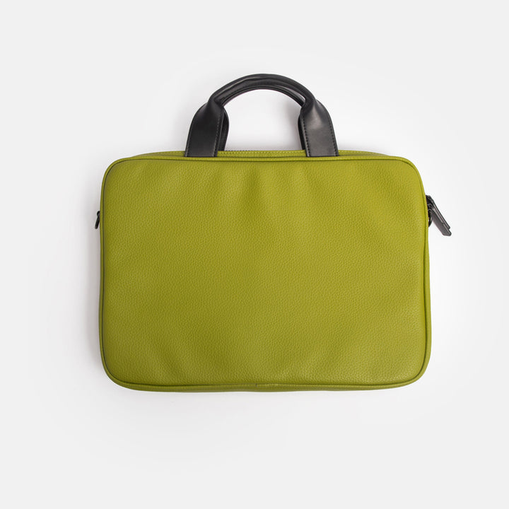 moss green vegan leather laptop bag with black grab handles