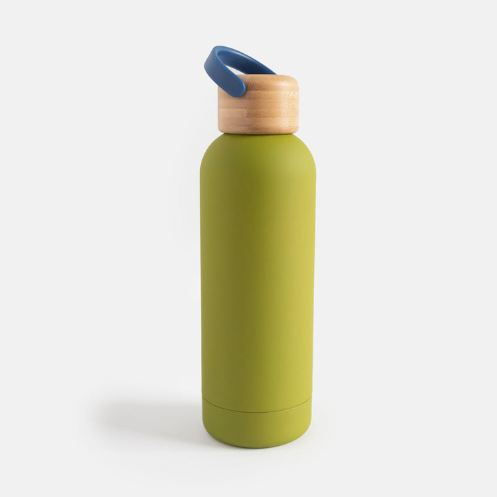 moss green stainless steel water bottle with wood lid and blue handle