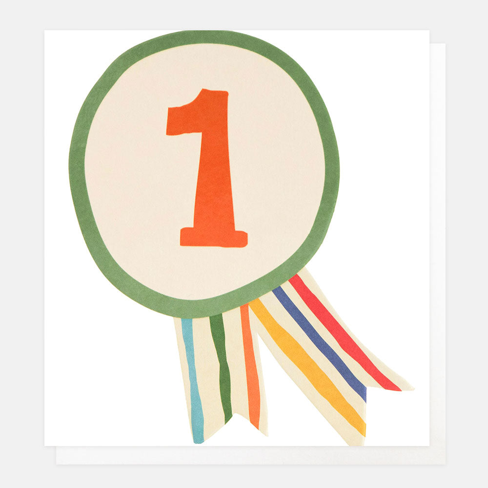 1st birthday card featuring a number 1 rosette with colourful stripy ribbons on a white background