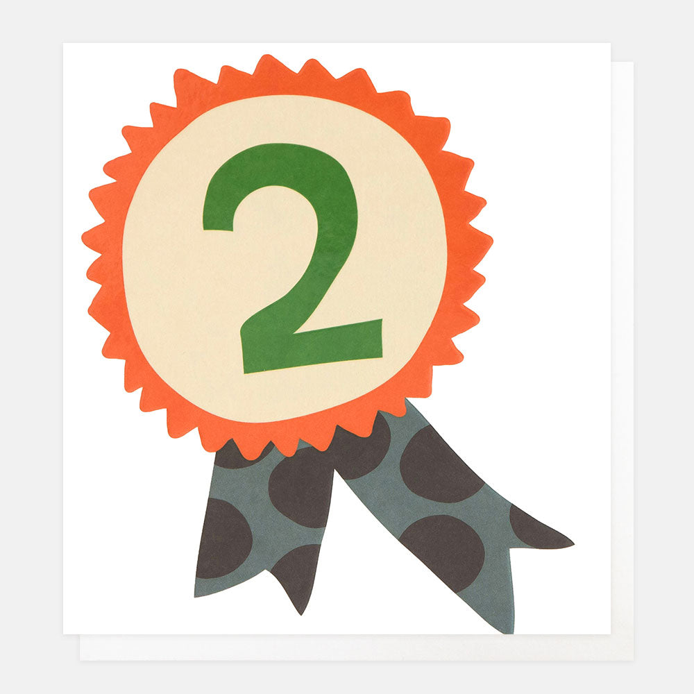2nd birthday card featuring a number 2 rosette with spotty ribbons on a white background