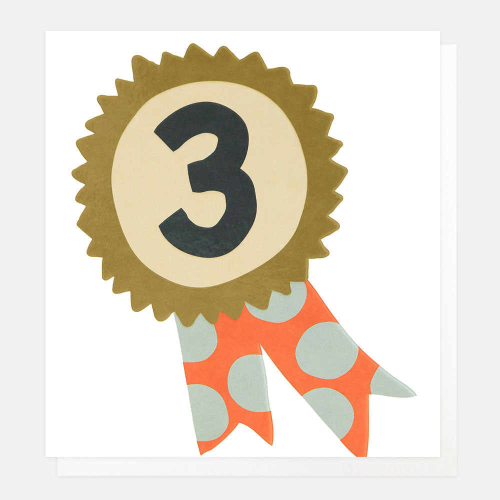 3rd birthday card featuring a number 3 rosette with colourful spotty ribbons on a white background