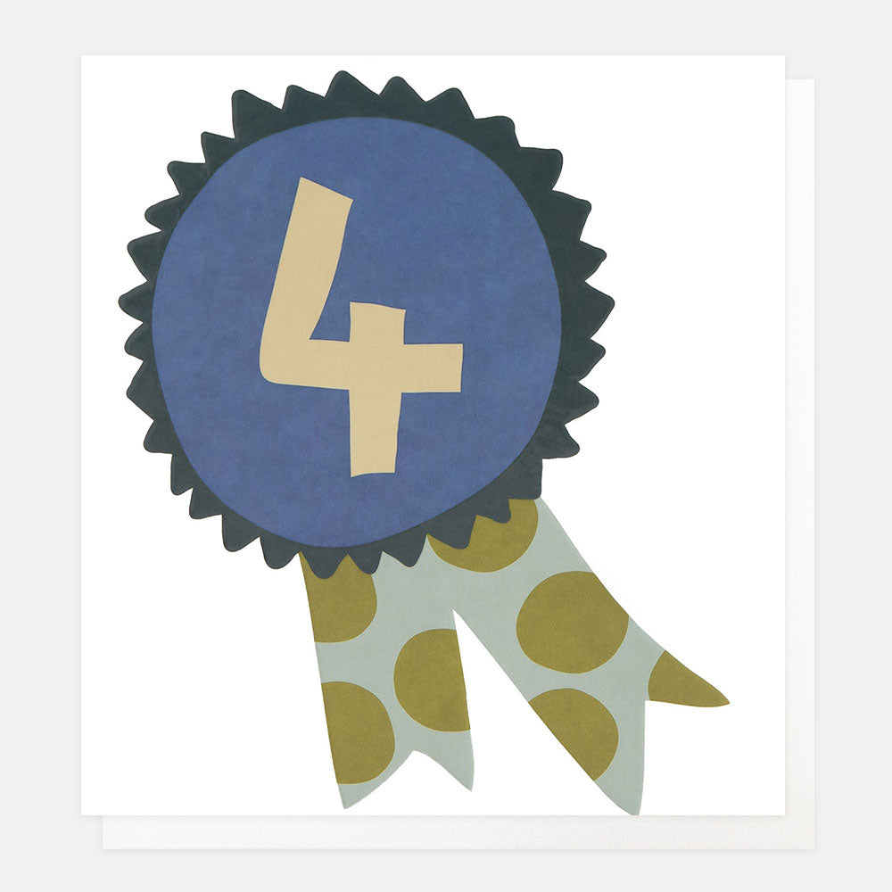 4th birthday card featuring a number 4 rosette with colourful spotty ribbons on a white background