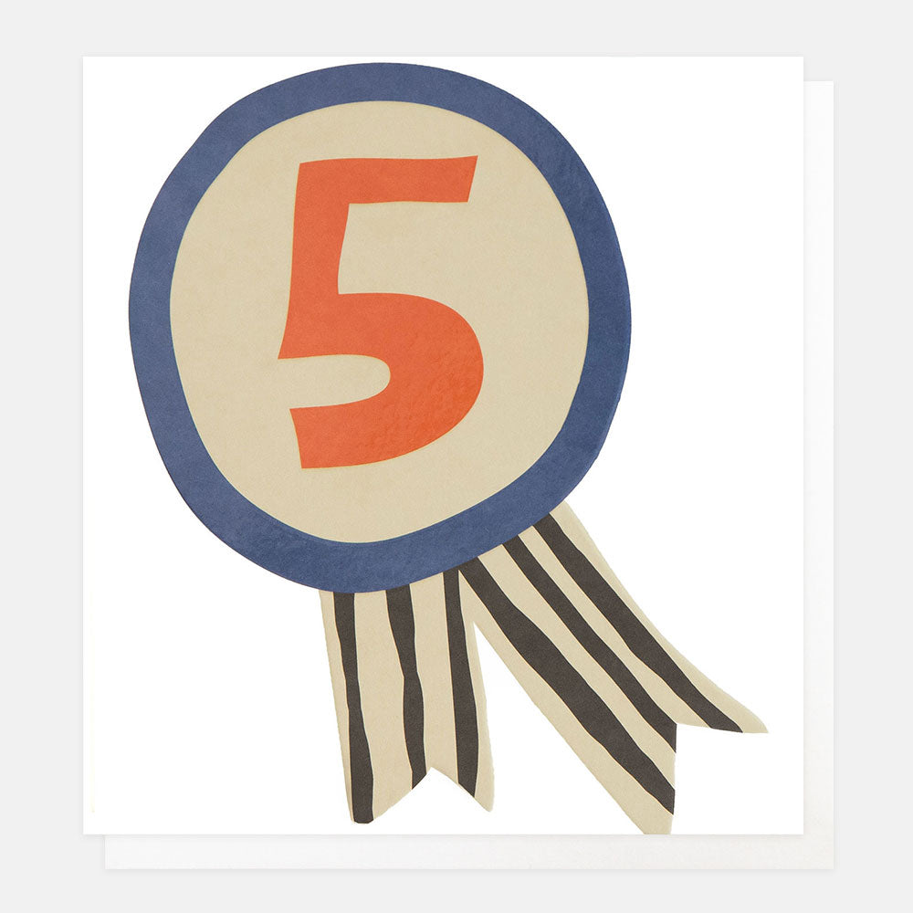 5th birthday card featuring a number 5 rosette with stripy ribbons on a white background