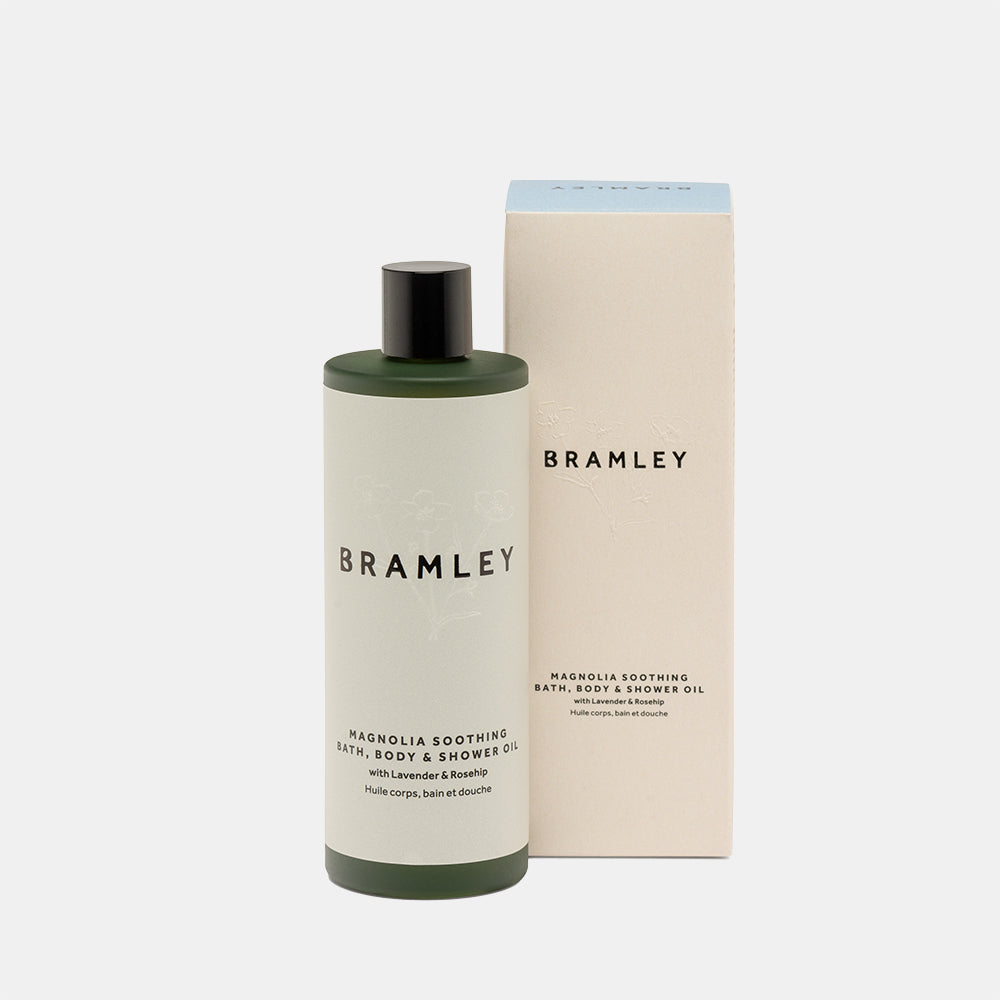 Magnolia Soothing Bath, Body & Shower Oil 100ml bottle, made by Bramley