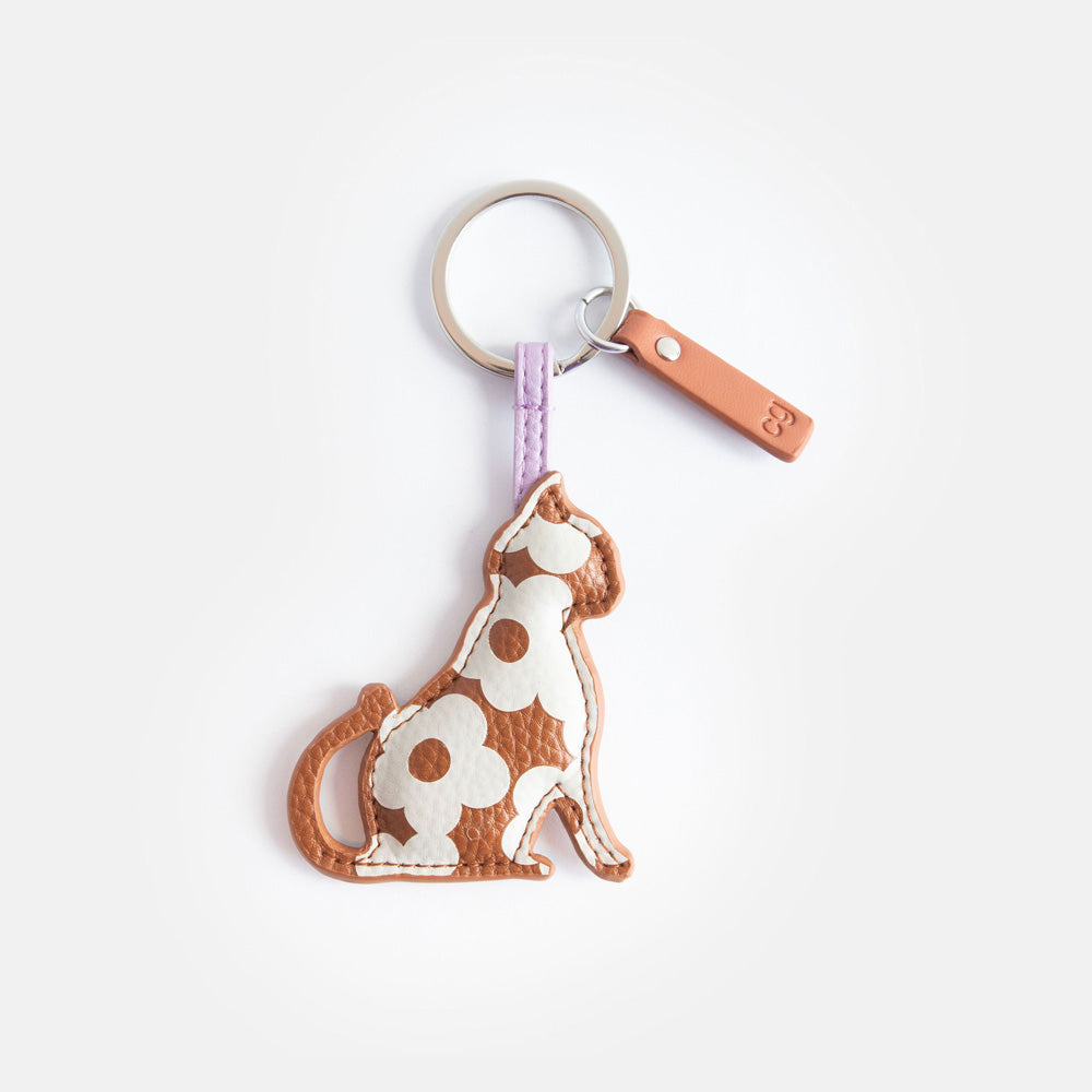 tan cat leather look PU padded keyring with printed cream flowers