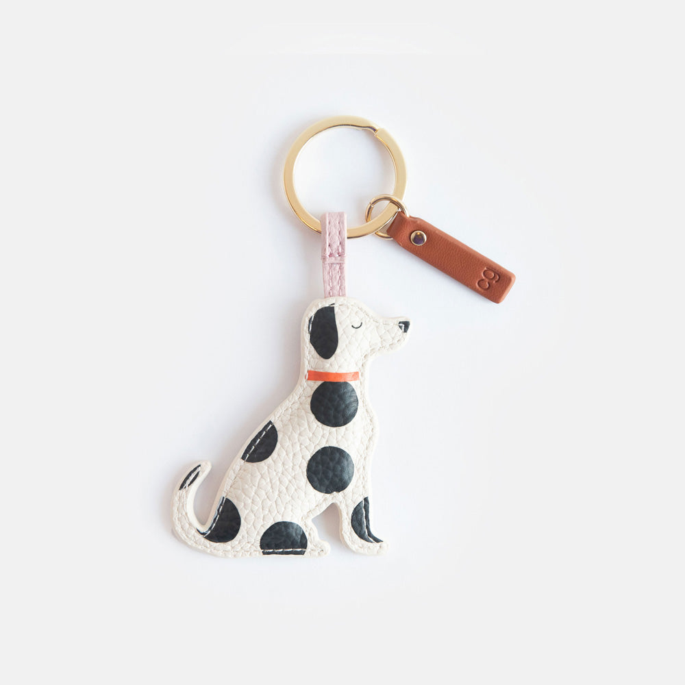 black and white spotty dog leather look PU padded keyring with a red collar