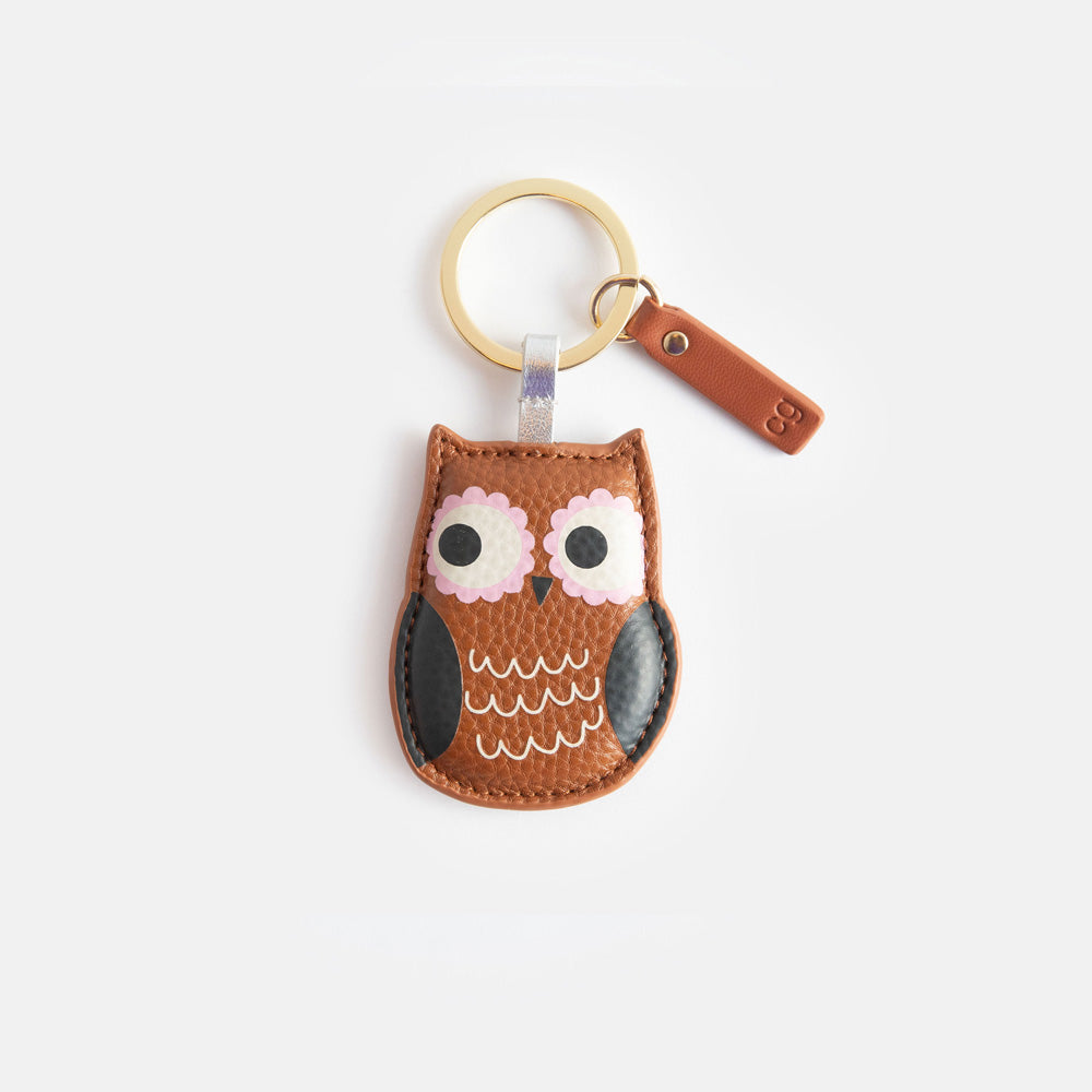 brown owl leather look PU padded keyring with black, white and pink printed details