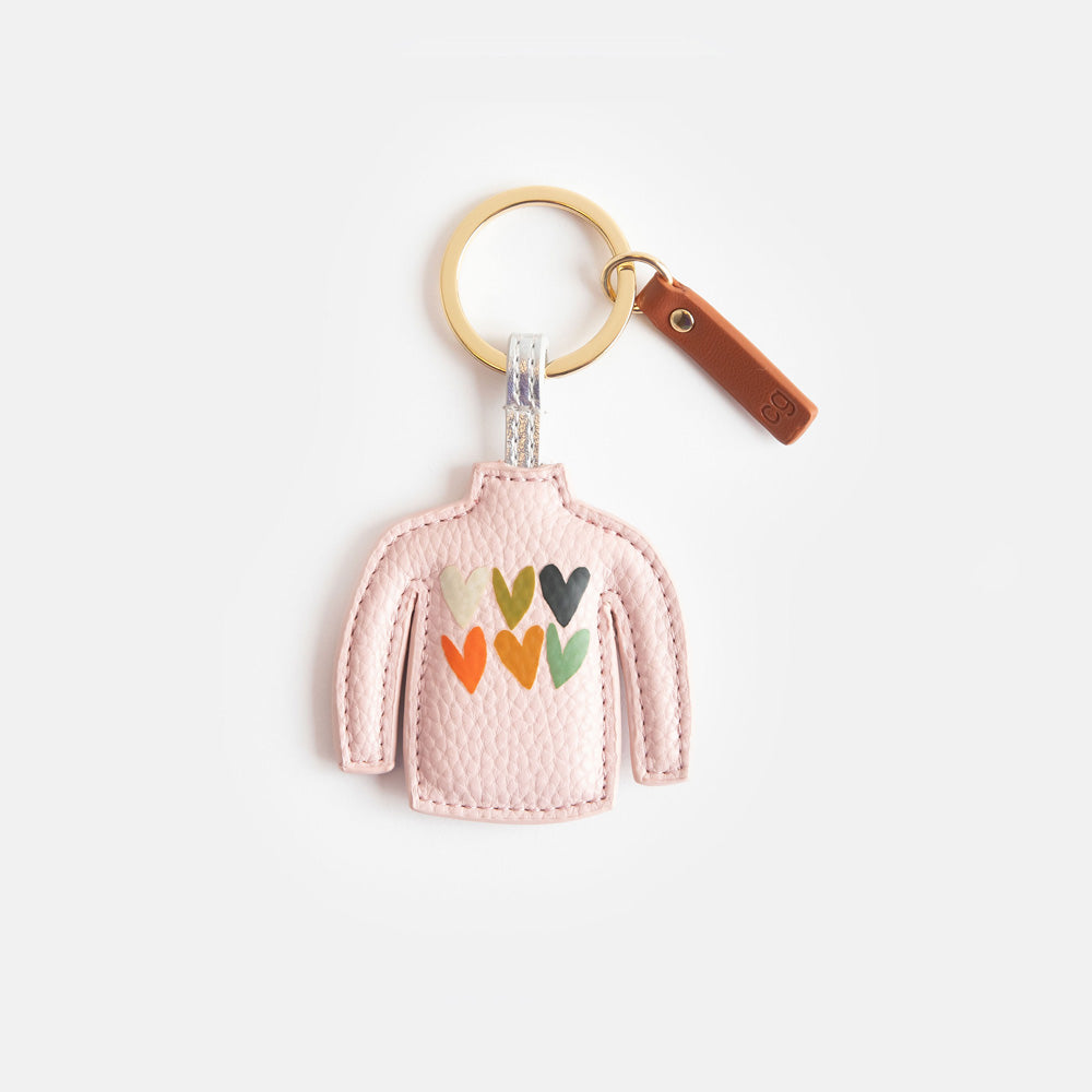 soft pink jumper leather look PU padded keyring with printed colourful hearts on the front