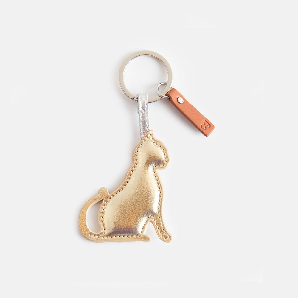gold cat silhouette leather look PU padded keyring