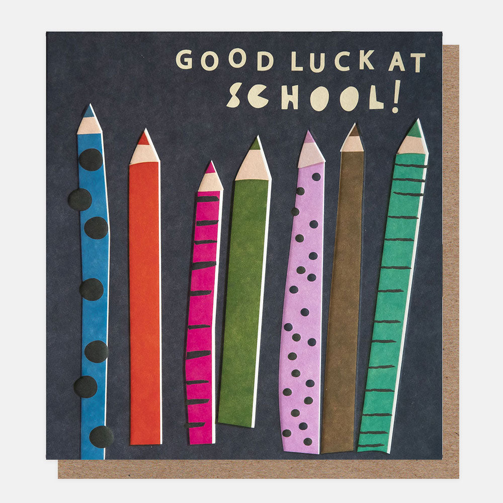 good luck at school card featuring colourful patterned pencils on a dark blue background