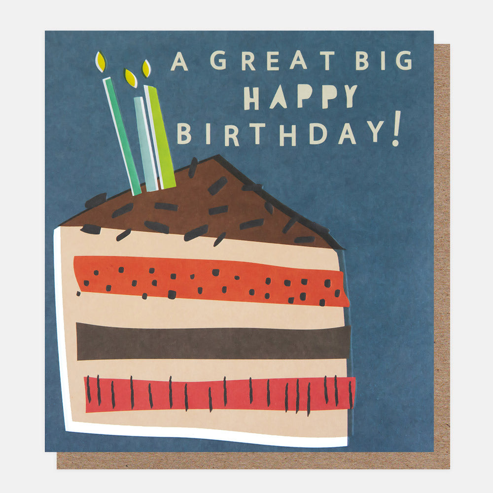 birthday card featuring a colourful slice of cake with candles and the wording a great big happy birthday