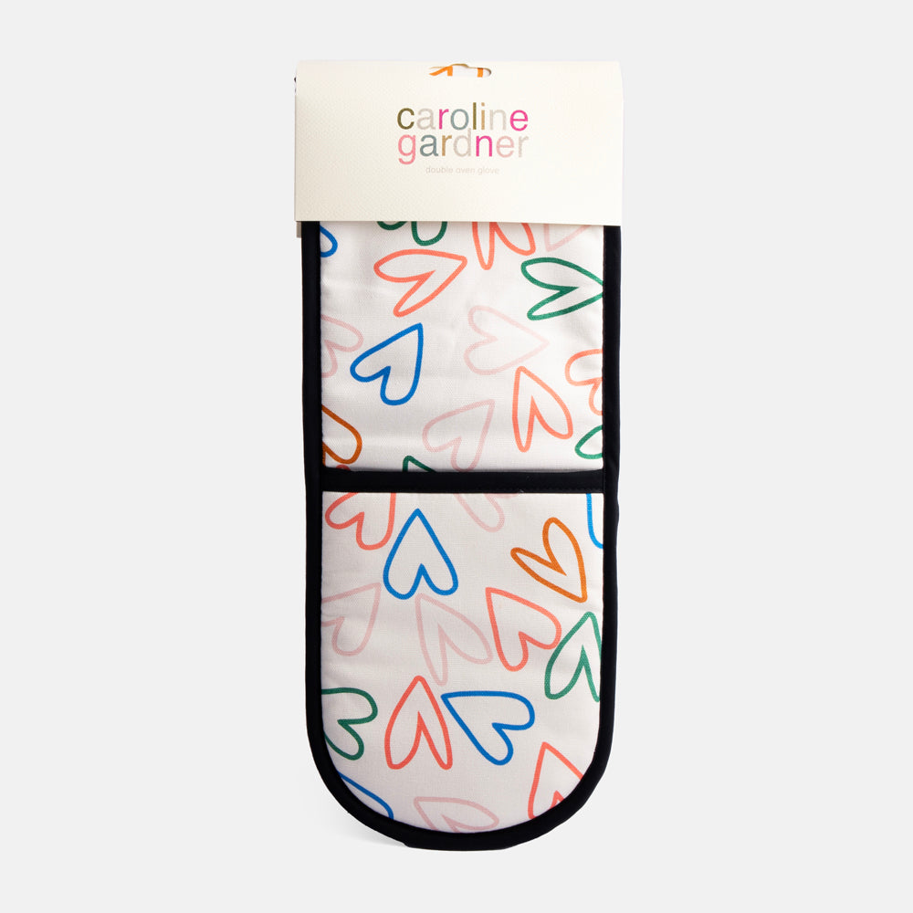 multi coloured outline hearts oven gloves with orange & pink stripe reverse