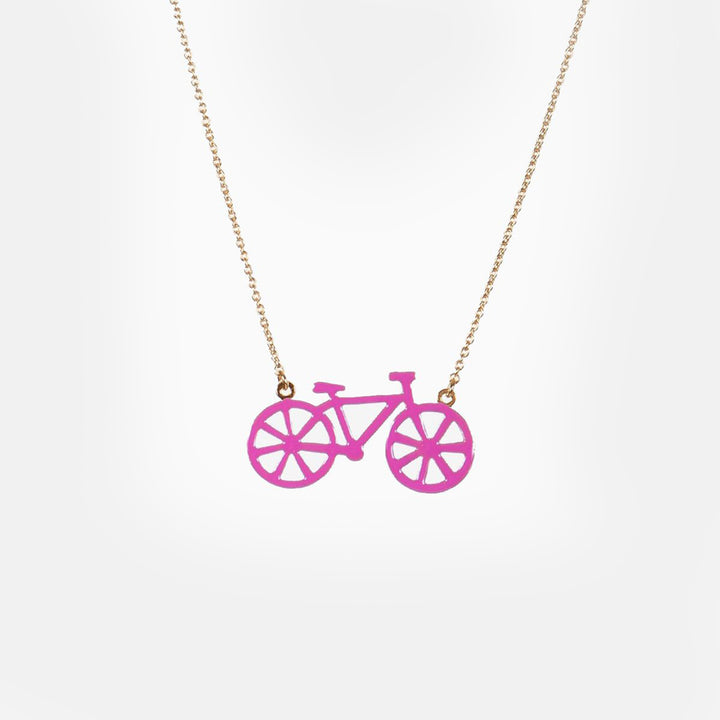 Pink bicycle necklace in 24 carat gold gilded brass and resin