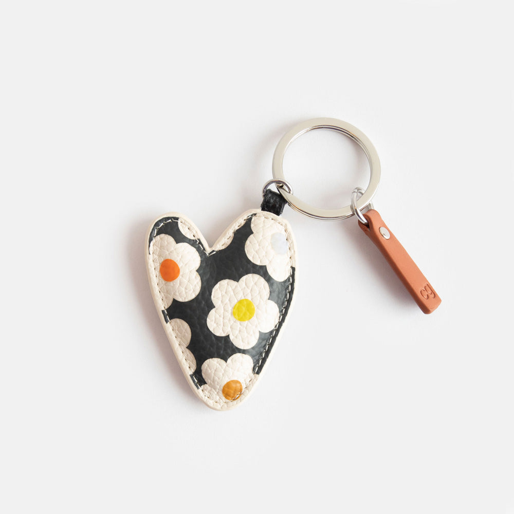leather look PU colourful flowers print heart shaped padded keyring