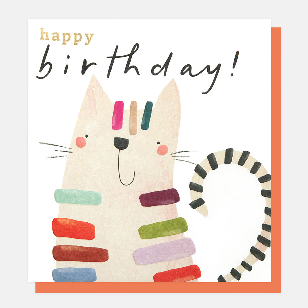 birthday card featuring a cat with colourful stripes and wording happy birthday