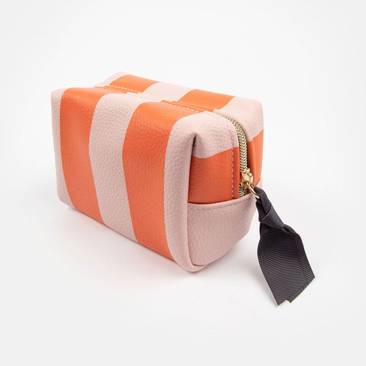 pink and orange stripe leather look mini cube cosmetics bag
