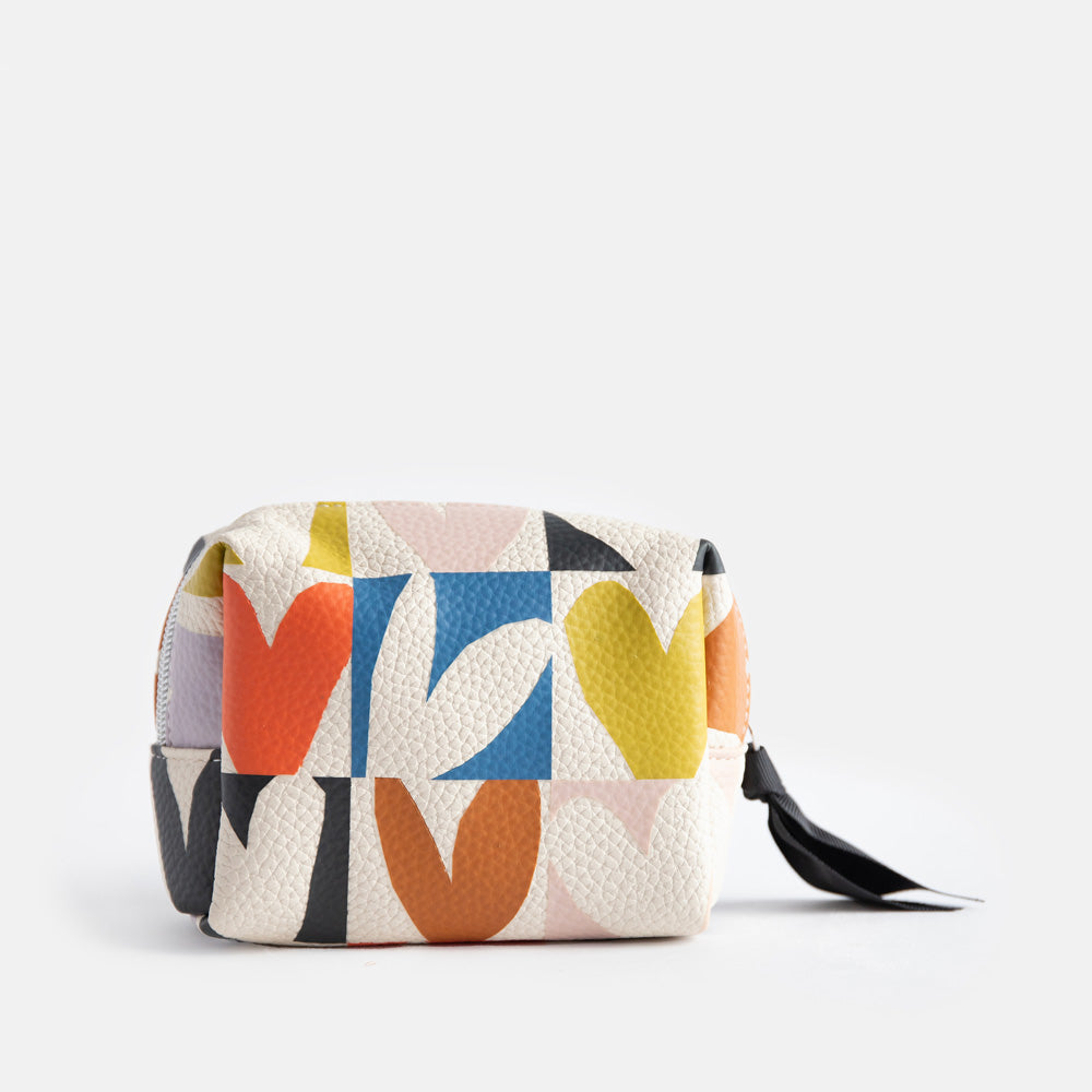 small cosmetics or wash bag with a colourful heart grid print