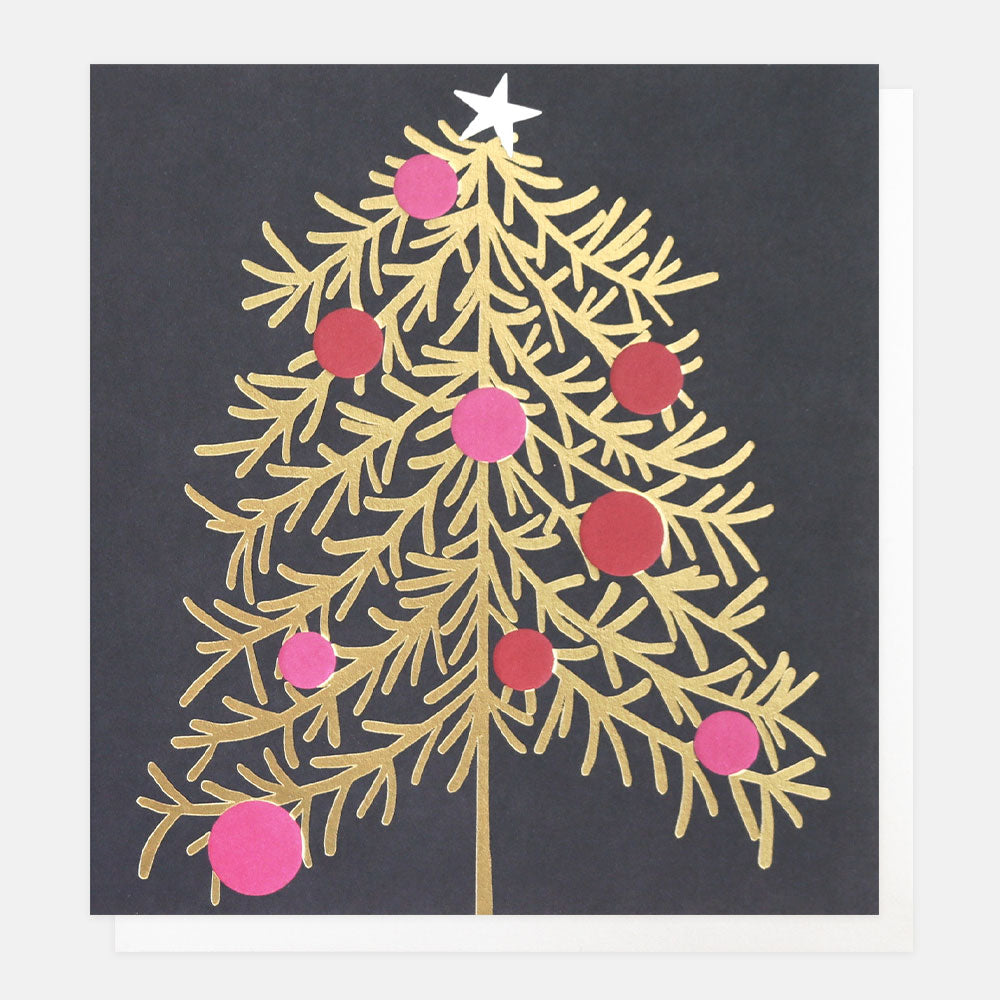 gold foil christmas tree with baubles charity card pack of 8