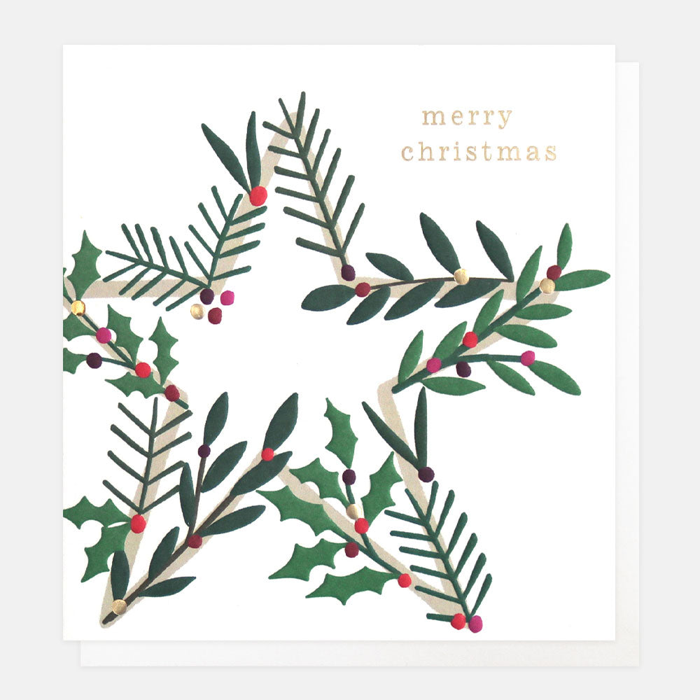 holly and mistletoe star shaped wreath charity christmas card pack of 8