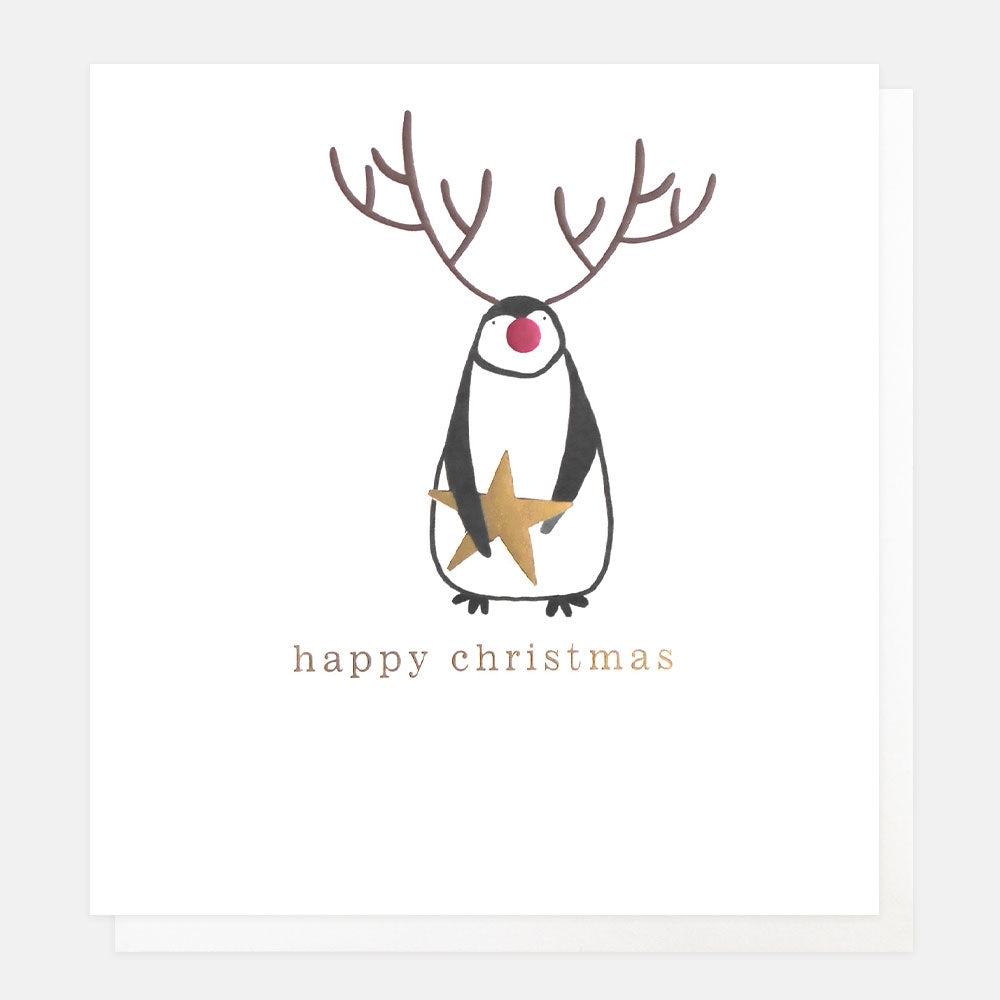 penguin wearing reindeer antlers holding gold star charity christmas card