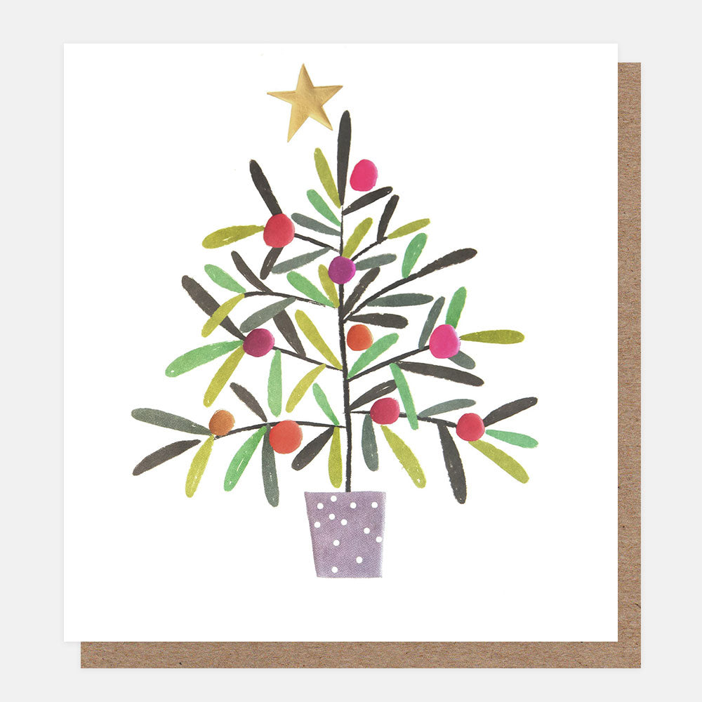 Christmas card featuring a design of a potted tree with red & purple baubles and gold star on top.