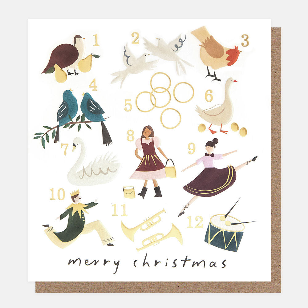 Christmas card featuring a design depicting the 12 days of Christmas on a white background