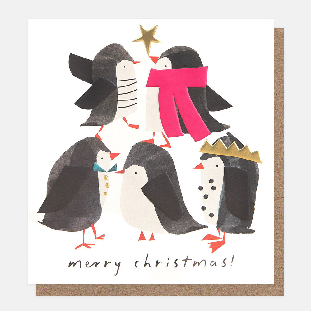 Christmas card featuring a design of five festive penguins and the message 'merry Christmas'