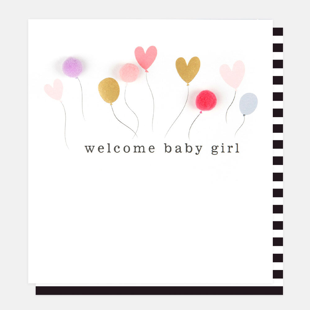 multi coloured balloons and hearts mini pom poms welcome baby girl new baby card