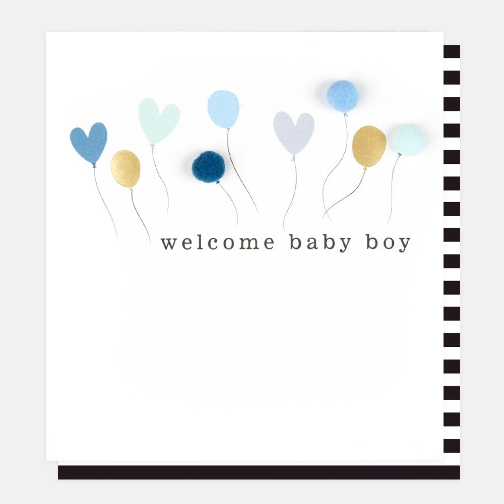 blue and gold balloons and hearts with mini pom poms welcome baby boy new baby card