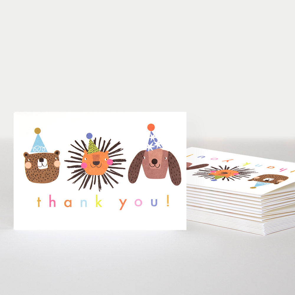 animals in party hats thank you cards, pack of 10