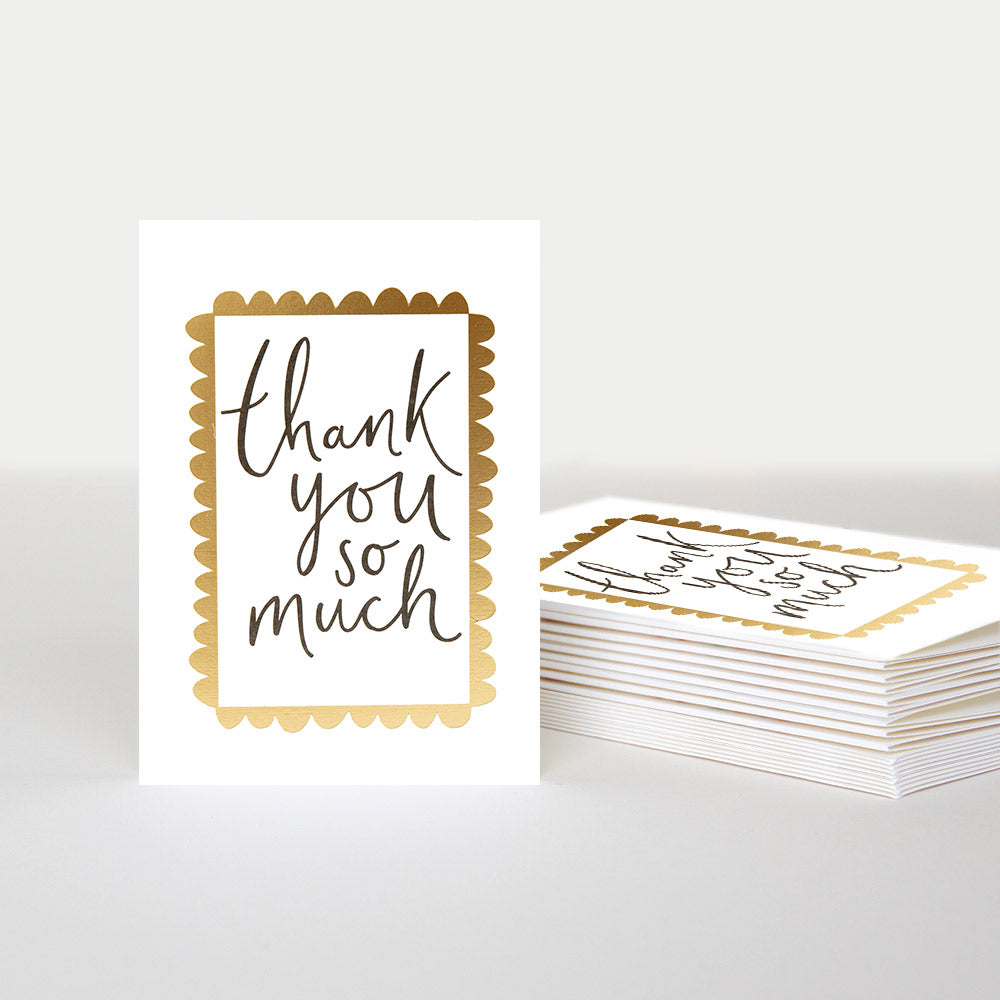 pack of 10 blank notecards featuring a gold foil border and the message 'thank you so much'