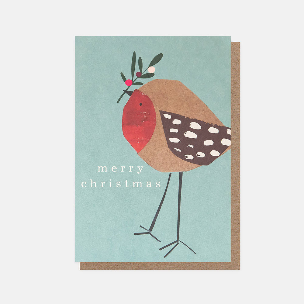 Christmas card with a robin illustration and 'merry christmas' text on a light blue background.