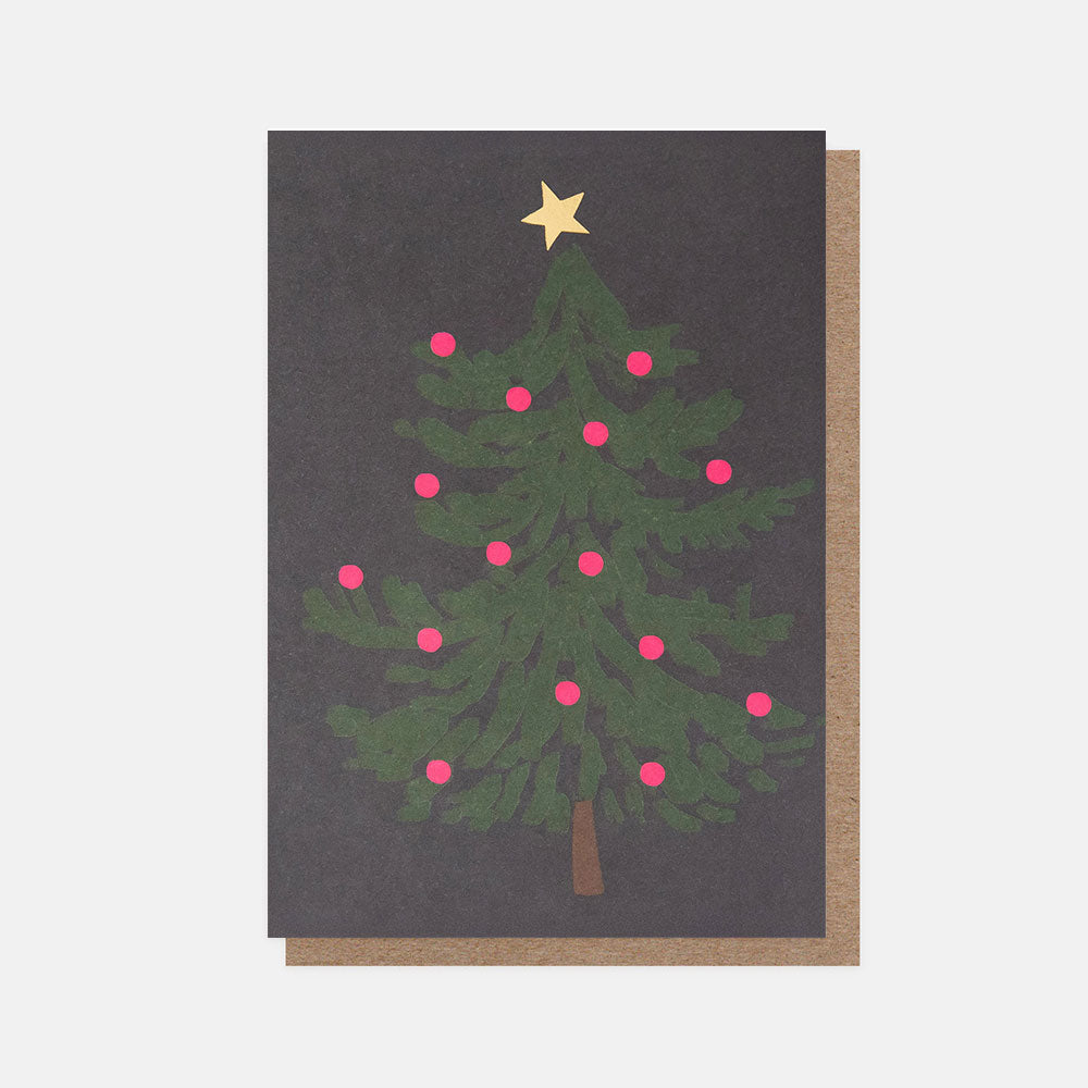Christmas card featuring a deign of a tree with pink baubles and a gold star on a dark background