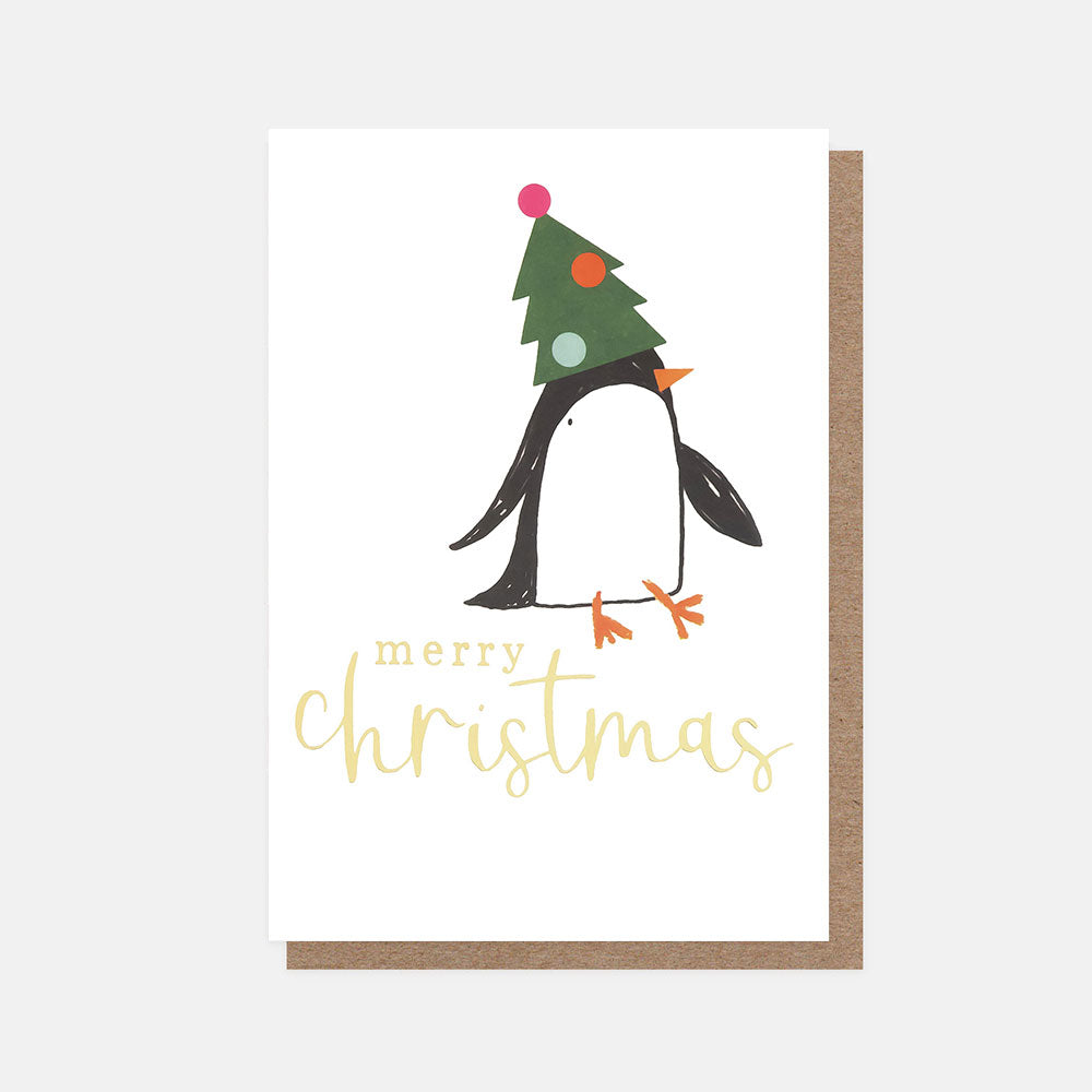 Christmas card with a penguin wearing a Christmas tree hat and 'Merry Christmas' text.
