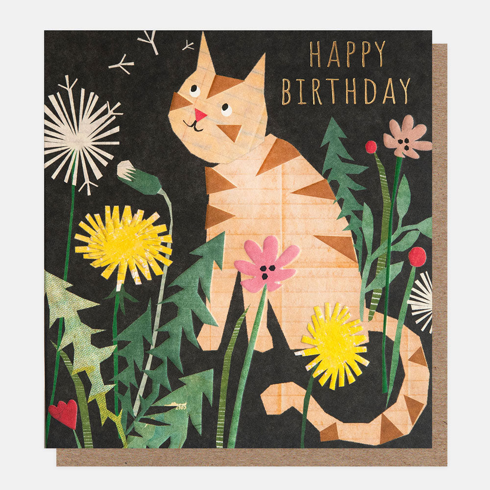 happy birthday card with ginger cat sat in yellow dandelion flowers