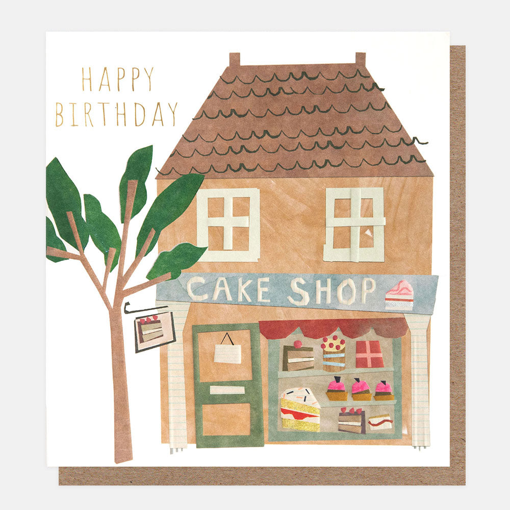 happy birthday card featuring a colourful cake shop