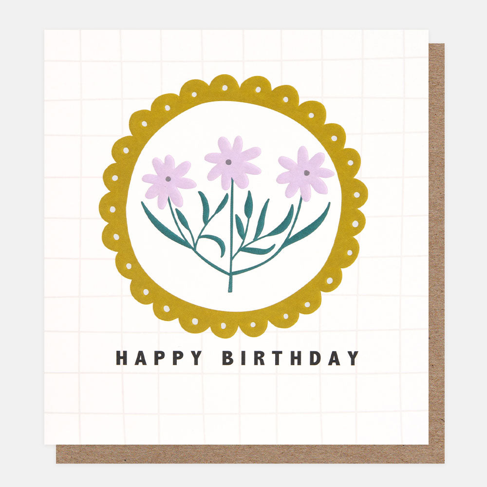 purple flowers in scalloped circle happy birthday card
