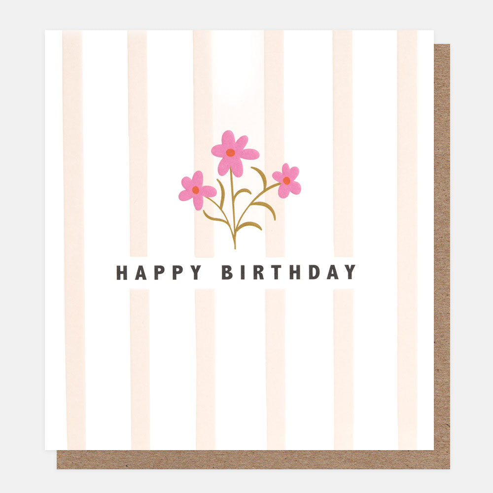 posies on pink stripes happy birthday card