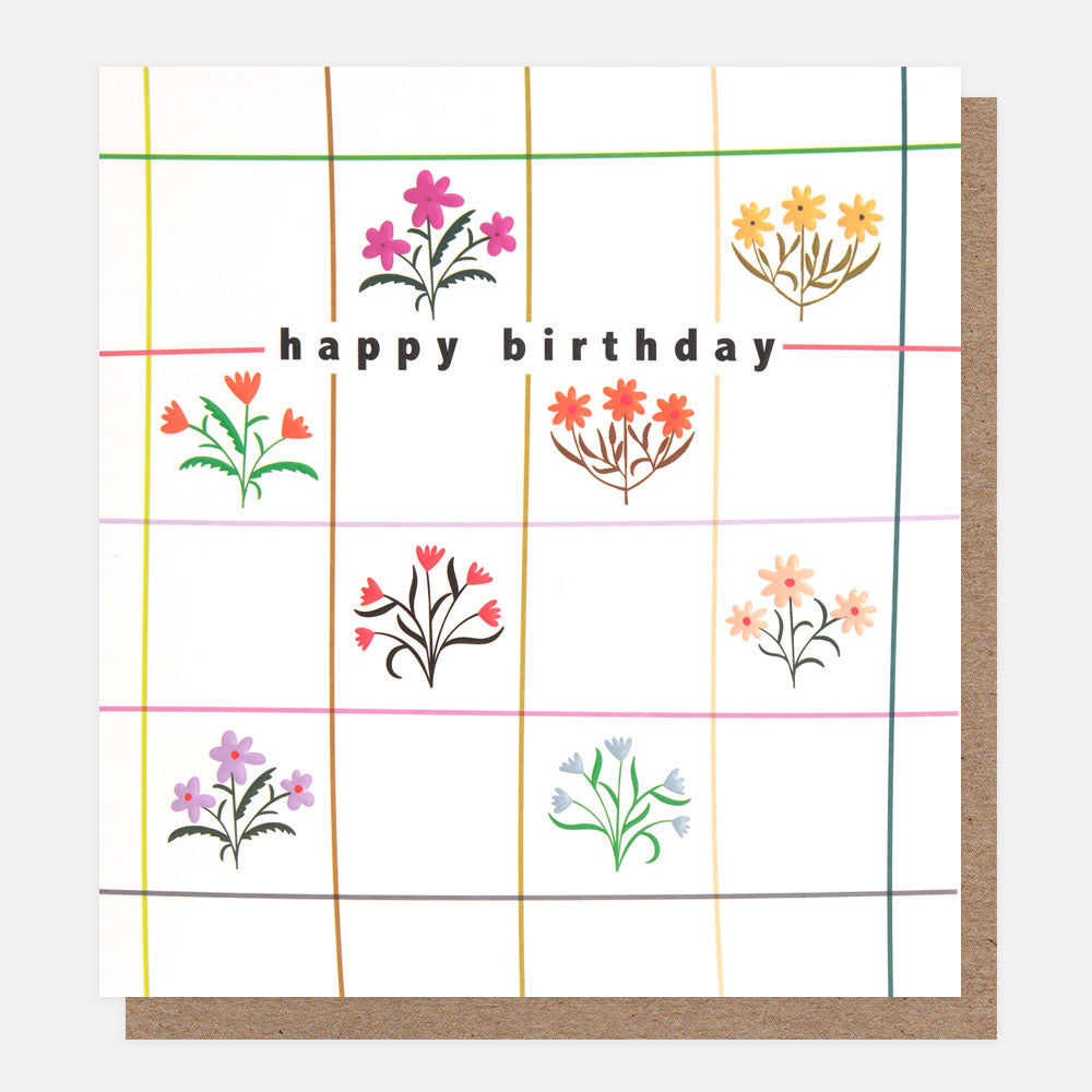 colourful flowers on grid check happy birthday card