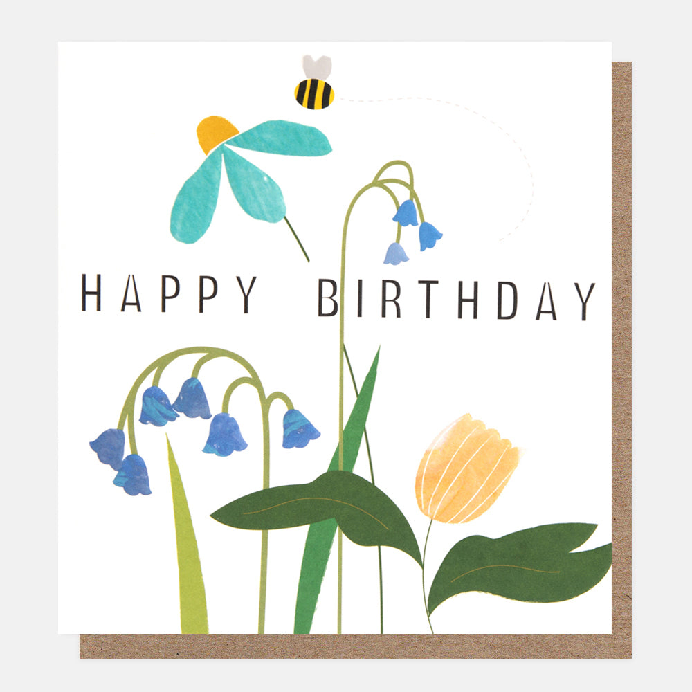 blue flowers & bee happy birthday card