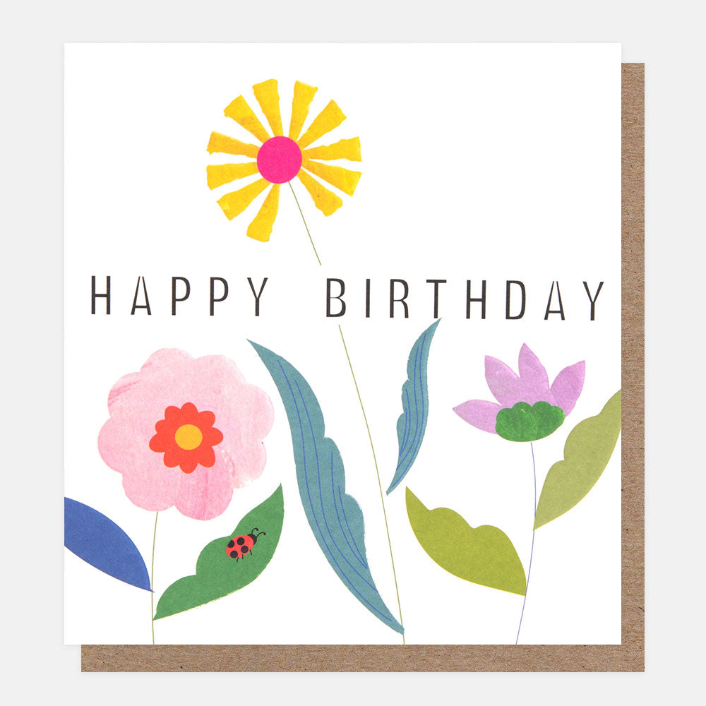 colourful flowers & ladybird happy birthday card