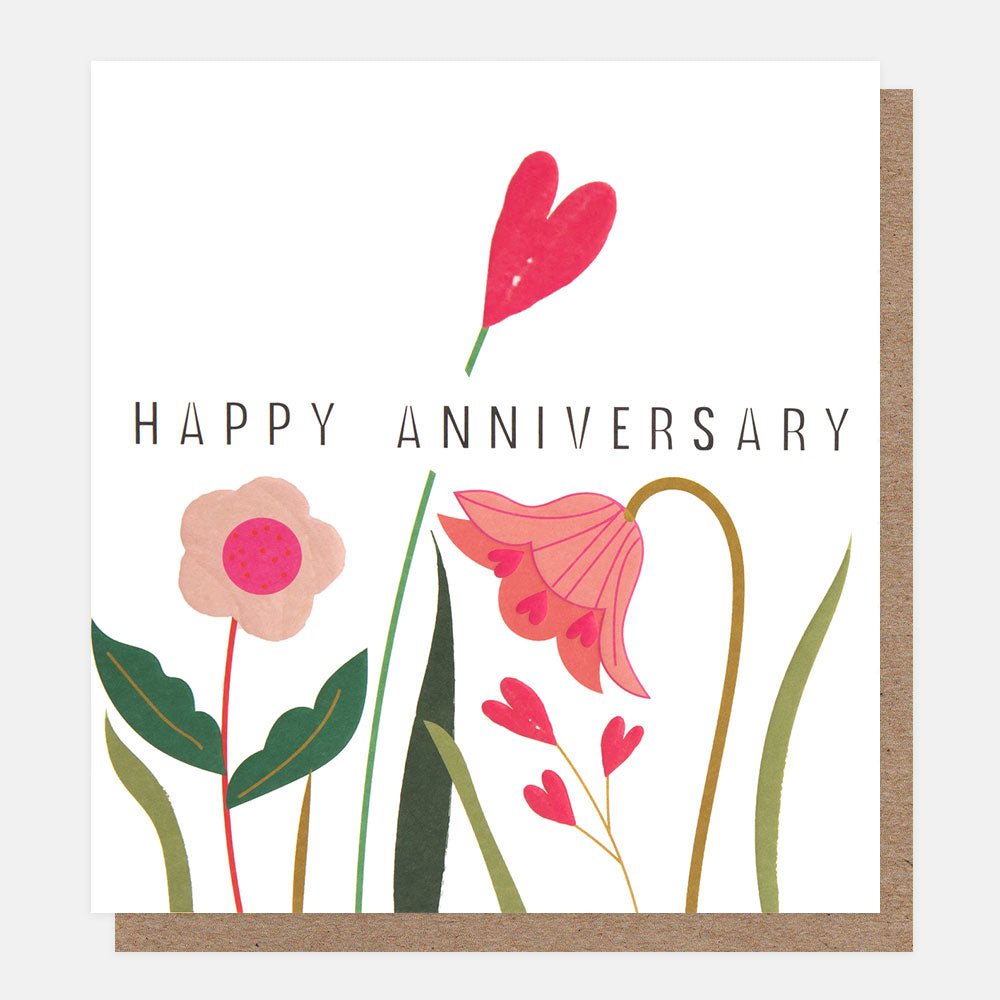 pink flowers & hearts happy anniversary card