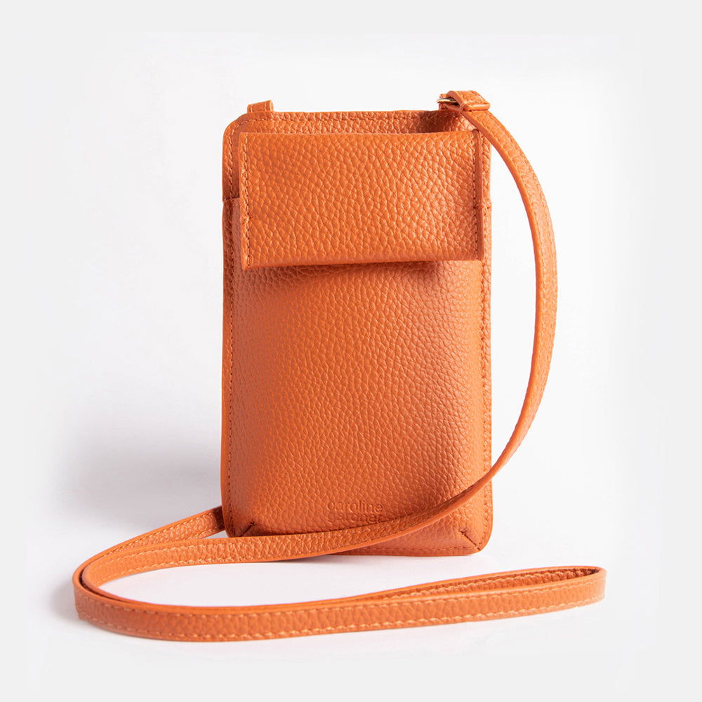 orange leather look phone bag with pocket & 3 card slots 