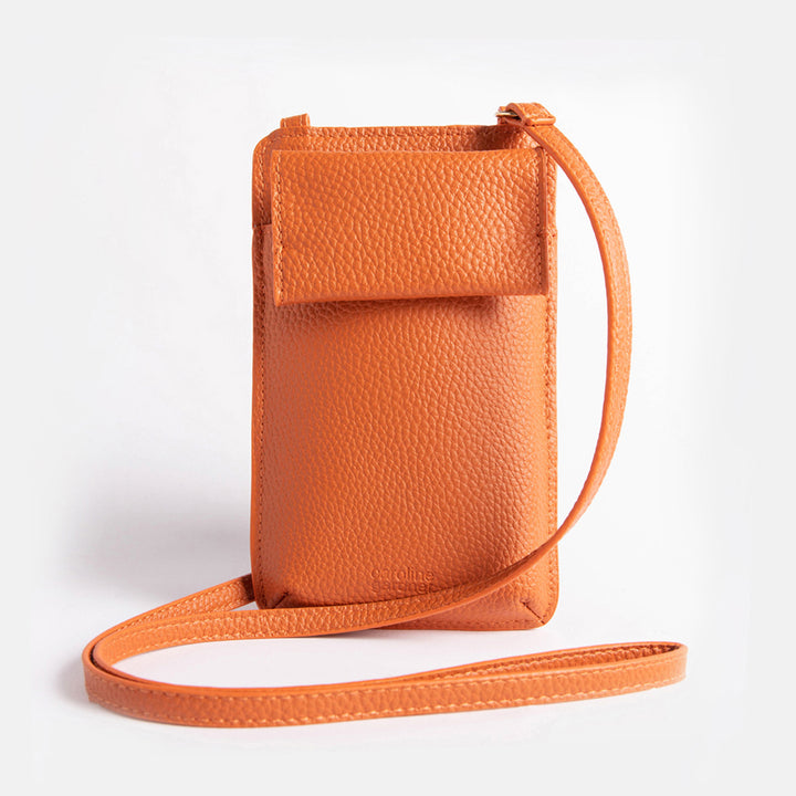 orange leather look phone bag with pocket & 3 card slots 