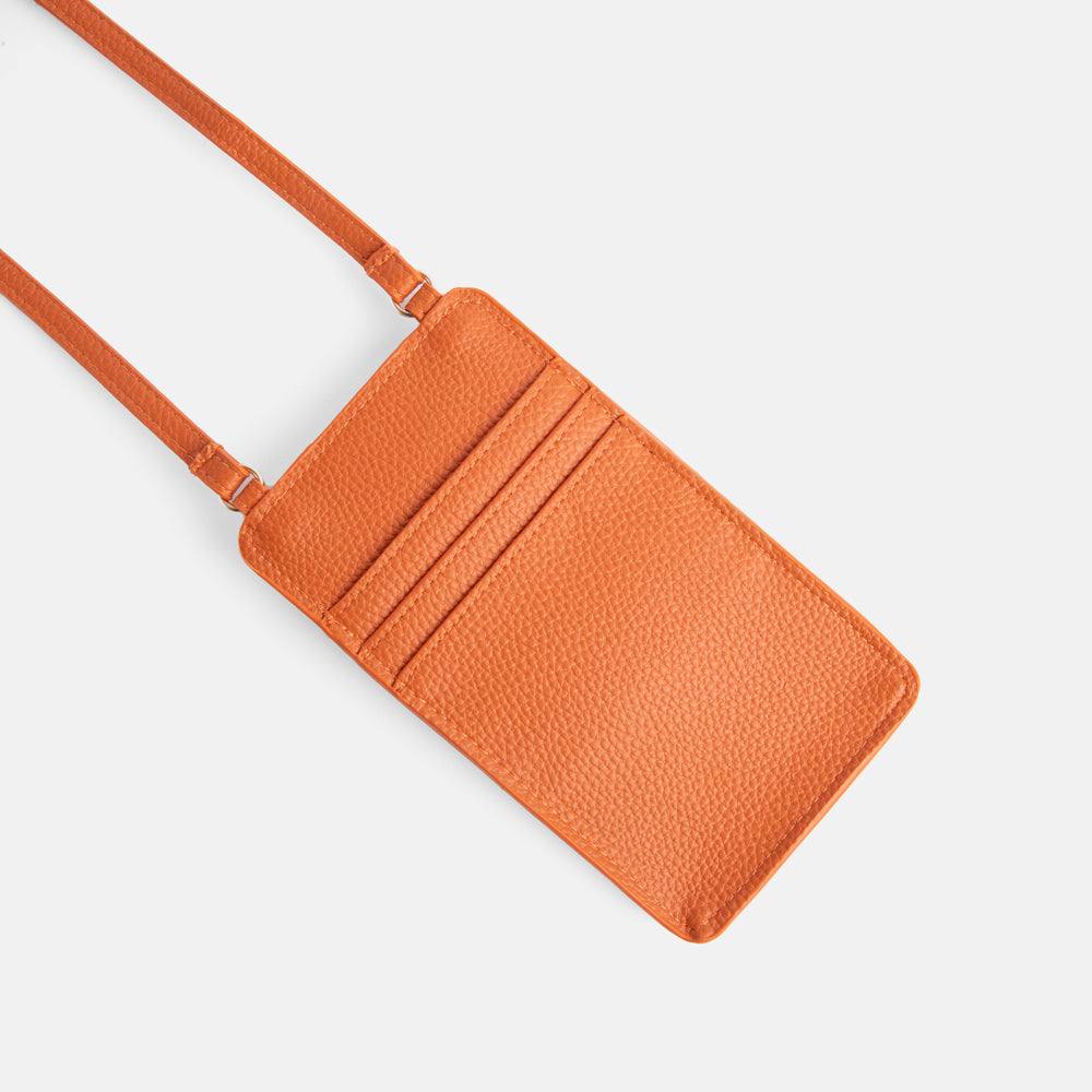 orange leather look phone bag with pocket & 3 card slots