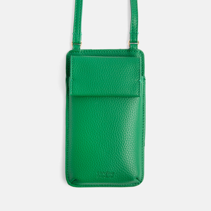 green vegan leather phone bag with pocket & 3 card slots