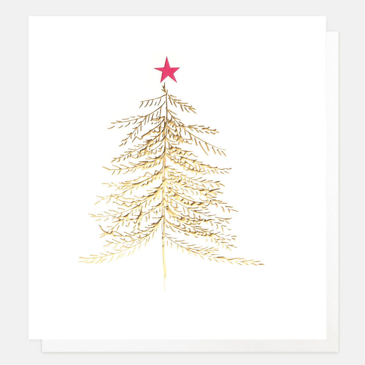 Gold Christmas tree with a pink star on a white background Christmas card