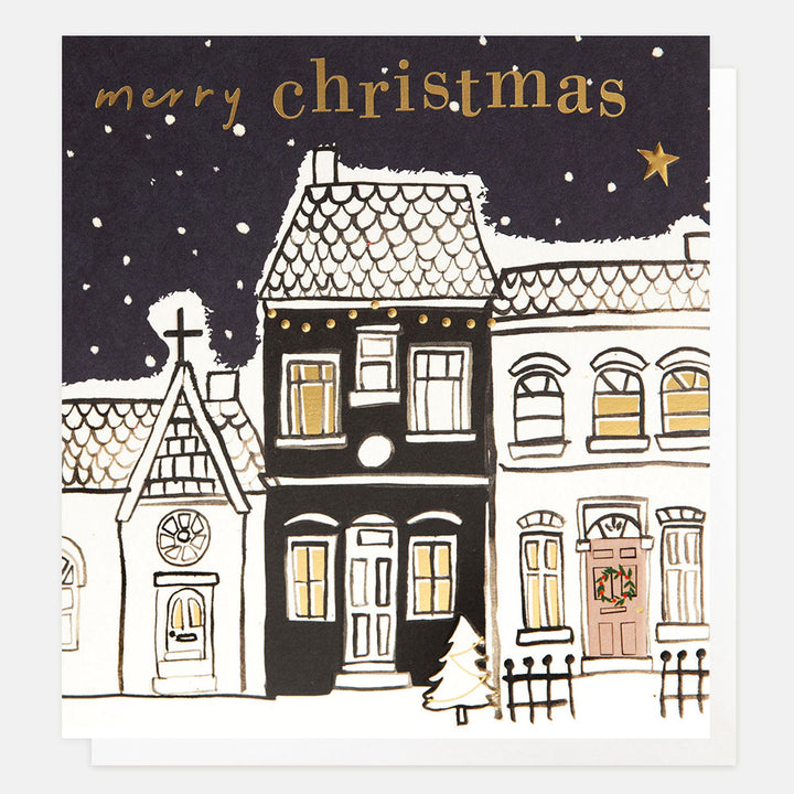 Christmas card with a black and white illustration of houses and 'merry christmas' text.
